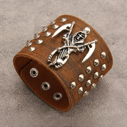 JAOYU Punk Leather Cuff Bracelet Goth Leather Wristband Rock Bracelet Biker Bracelet for Men Leather Armband Black Handmade Jewelry - color: Death Skull Bracelet Brown