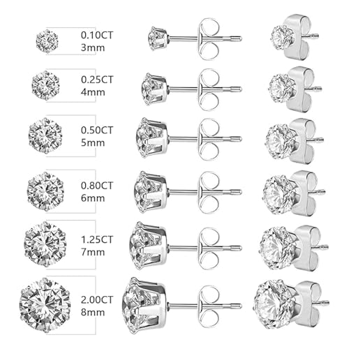 Stud Earrings Set, Round Clear Cubic Zirconia Ear Studs for Women and Men Sensitive Ears Stainless Steel CZ Earrings Hypoallergenic Cubic Zirconia Earrings Set Small Piercing Earring, 6 Pairs - color: 6-claw