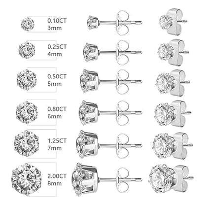 Stud Earrings Set, Round Clear Cubic Zirconia Ear Studs for Women and Men Sensitive Ears Stainless Steel CZ Earrings Hypoallergenic Cubic Zirconia Earrings Set Small Piercing Earring, 6 Pairs - color: 6-claw