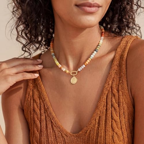CONRAN KREMIX Colorful Stone Beaded Necklace for Women,Natural Gemstone Bead Choker Necklaces Boho Summer Beach Layering Necklace Jewelry Gift for Women - color: Colourful-A