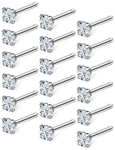 18G 20G 22G Nose Rings Studs with Cubic Zirconia 316L Surgical Steel Straight Screw L Shaped Nose Studs Piercing Jewelry for Women Men Girl CZ 1.5mm 2mm 2.5mm 3mm 20Pcs - color: A:18G L Shaped- Silver 3mm