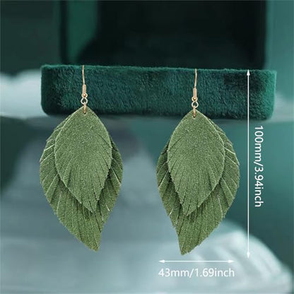 Handmade Bohemian Large Soft Genuine Leather Fringe Double Feather Dangle Drop Earrings Lightweight Simple Color PU Leaf Hook Earrings for Women - color: Dark Green