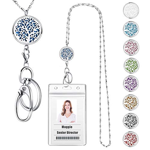 Lanyards for ID Badges and Keys, ID Badge Holder with Lanyard | Stainless Steel Keychain Diffuser Necklace Lanyard, Badge Lanyards for Women Teacher Nurse Work Jewelry Family Tree - color: 4-family Tree