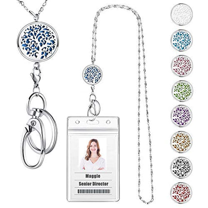Lanyards for ID Badges and Keys, ID Badge Holder with Lanyard | Stainless Steel Keychain Diffuser Necklace Lanyard, Badge Lanyards for Women Teacher Nurse Work Jewelry Family Tree - color: 4-family Tree