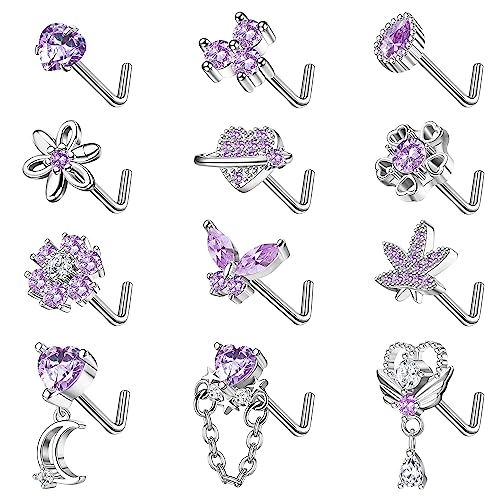 Sanfenly 12 PCS 20G Nose Rings Surgical Stainless Steel, L Shaped Nose Studs for Women Men, CZ Heart Butterfly Flower Leaf Moon Dangle Cute Nose Piercings Studs Screw Jewelry Pink/Purple/Blue/Clear - color: Purple