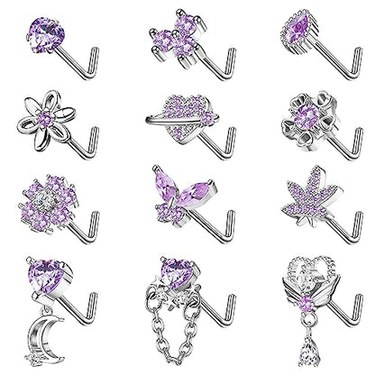 Sanfenly 12 PCS 20G Nose Rings Surgical Stainless Steel, L Shaped Nose Studs for Women Men, CZ Heart Butterfly Flower Leaf Moon Dangle Cute Nose Piercings Studs Screw Jewelry Pink/Purple/Blue/Clear - color: Purple