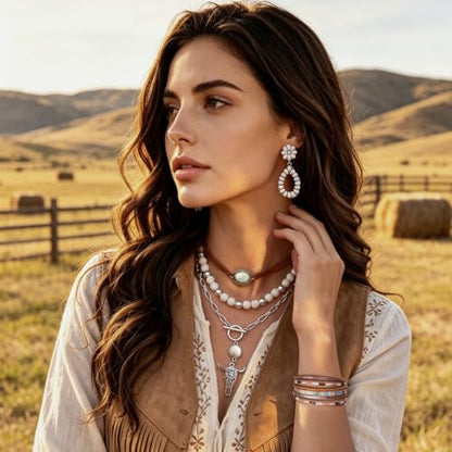 RechicGu Western Jewelry For Women Bohemian Turquoise Dangle Earrings Necklace Bracelet Set, Bullhead Pendant Layered Choker Boho Faux Leather Wristband Country Concert Cowgirl Accessories - color: White Turquoise Set