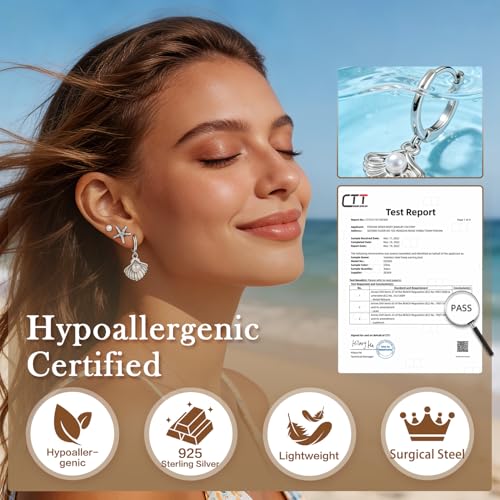 14K Gold Hoop Dangle Stud Earrings Surgical Steel Helix Piercing | Hypoallergenic,Cubic Zirconia,3 Pairs Huggie Hoop Set for Women,Dangle Stud,Cartilage Tragus Conch Earring,Jewelry Gift - color: L2-Silver Shell & Pearl Earrings