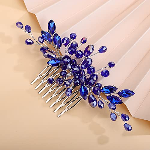 Teyglen Crystal Bride Wedding Hair Comb Bridal Blue Rhinestone Hair Pieces Hair Jewelry Simple Red Black Pink Headpieces for Bride Women Girls - color: Blue