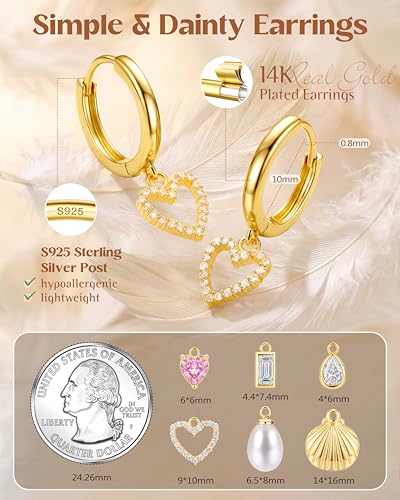 FIBO STEEL 14K Gold Plated Hoop Earrings with Charms for Women Huggie Hoops | Hypoallergenic 925 Sterling Silver Post Dangle Earrings Small Silver Gold Hoops Earring Cubic Zirconia Dangle Drop Jewelry - color: Hollow Heart - 14K Gold Plated