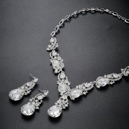 Women's Wedding Bridal Crystal Multi Teardrop Cluster Statement Necklace Dangle Earrings Set - color: 06-Clear Silver-Tone
