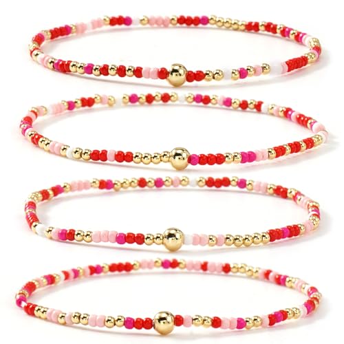 Seed Beaded Stack Bracelets Set for Women,Small Boho 4Pcs Colorful Handmade Dainty Trendy Gold Stretch Accessories Jewelry, Summer Daily Party Friendship Gift - color: Pink Red