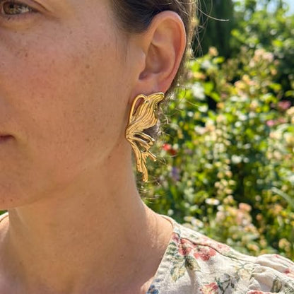 Chunky Gold Plated Flower Statement Drop Earrings for Women | Hypoallergenic 18K Gold Plated Textured Petal Wing, Large Statement Dangle Earrings for Wedding Party - color: Golden Butterfly-1