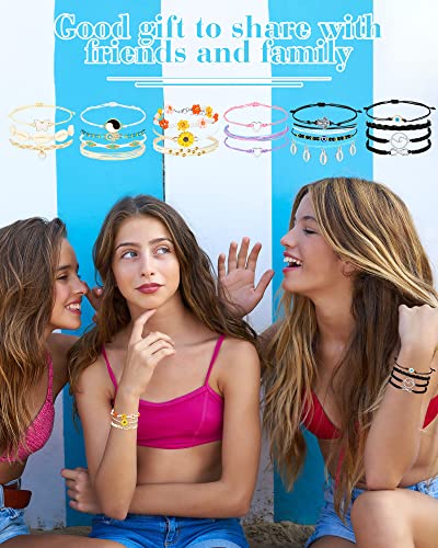 Hicarer 21 PC Surfer Wave Friendship Bracelet Set Waterproof Adjustable Boho Beach String Anklets Bulk, Summer Gift for Women - style: Assorted Style