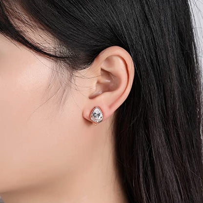 SELOVO Clip On earrings for Women Teardrop Cubic Zirconia Clip Earrings Stud - color: Clear-Rose gold tone