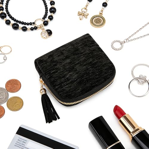 Women's Coin Purses Velvet Mini Travel Jewelry Case Bag with Tassel - color: A-Black