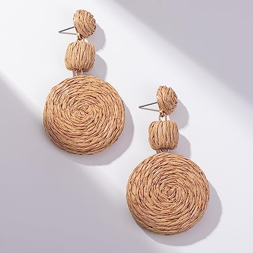 Statement Raffia Boho Round Dangle Ball Earrings - Cute Handmade Summer Bohemian Dangling Jewelry for Women - color: Wheat