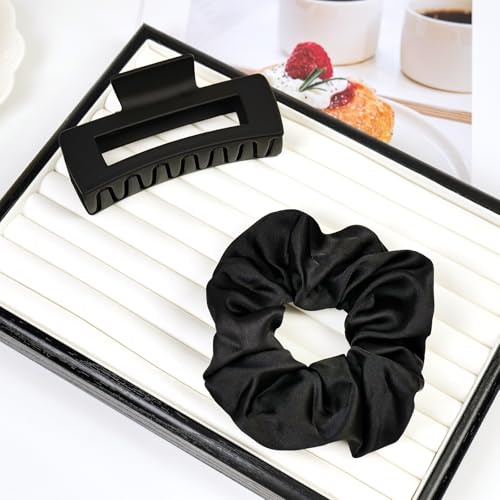8 Pcs Claw Clips and Hair Scrunchies Set – Square Hair Clips for Women, Medium Non-Slip Matte, Large Satin Scrunchies, Hair Accessories for Thick Thin Hair, Party, Daily Use, Black&Beige - color: Classic Black & Cream