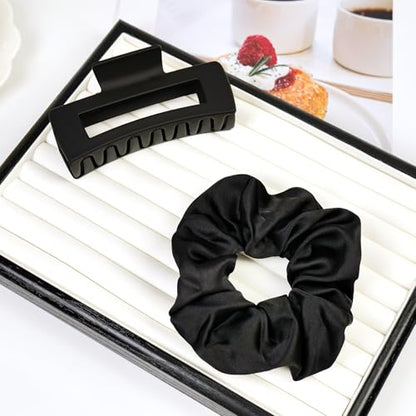 8 Pcs Claw Clips and Hair Scrunchies Set – Square Hair Clips for Women, Medium Non-Slip Matte, Large Satin Scrunchies, Hair Accessories for Thick Thin Hair, Party, Daily Use, Black&Beige - color: Classic Black & Cream