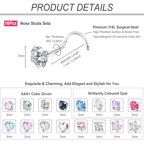 SEEDRILL Nose Rings Studs for Women 16Pcs 20G/18G Nose Studs Hypoallergenic 316L Surgical Steel Nose Piercings Jewelry 3mm CZ & Opal Nose Ring L Shape Nose Stud 20 Gauge Nose Screw Studs - style: 20G/Screw Shape/Colorful CZ