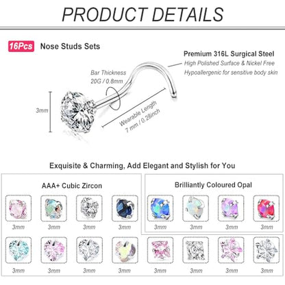 SEEDRILL Nose Rings Studs for Women 16Pcs 20G/18G Nose Studs Hypoallergenic 316L Surgical Steel Nose Piercings Jewelry 3mm CZ & Opal Nose Ring L Shape Nose Stud 20 Gauge Nose Screw Studs - style: 20G/Screw Shape/Colorful CZ