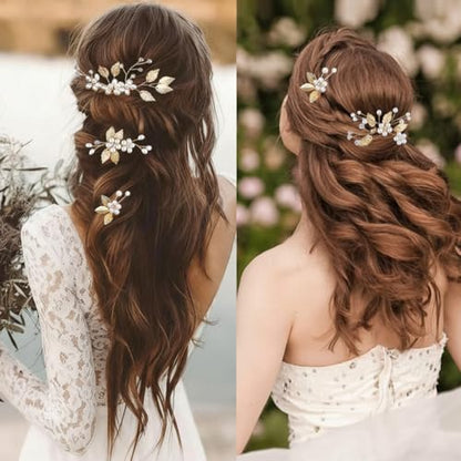 7 Pcs Gold Leaf Bridal Hair Pin Clip Crystal and Pearl Vintage Headpieces Wedding Hair Jewelry for Brides Bridesmaids and Flower Girls(Gold Leaf)