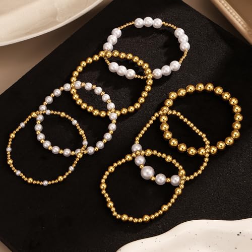 KISS WIFE Gold Beaded Bracelets for Women, Stackable Stretch Bracelet Set | 13 stretch bracelets combine polished gold-tone beads and faux pearls for stacked or individual everyday styling. - color: Gold Stainless Steel