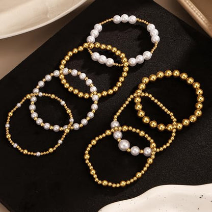 KISS WIFE Gold Beaded Bracelets for Women, Stackable Stretch Bracelet Set | 13 stretch bracelets combine polished gold-tone beads and faux pearls for stacked or individual everyday styling. - color: Gold Stainless Steel
