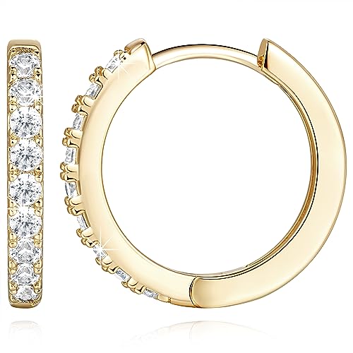 NEARLAND 14K Gold Hoop Earrings for Women 14K Gold Earrings for Women | Small Gold Hoop Earrings for Women Round Cubic Zirconia Lightweight Gold Huggie Hoop Earrings for Women 12/14/16/20/25/30mm - size: 16mm