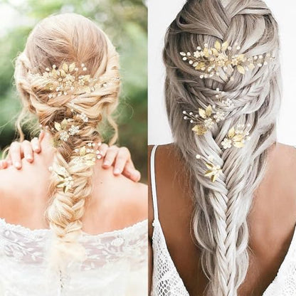 4 Pcs Bridal Gold Leaf Hair Pins, Wedding Hair Comb Accessories with Rhinestone Pearl Bridal Headpiece Jewelry for Brides Bridesmaids Women Girls Updo (Gold Leaf) - color: Gold-Leaf