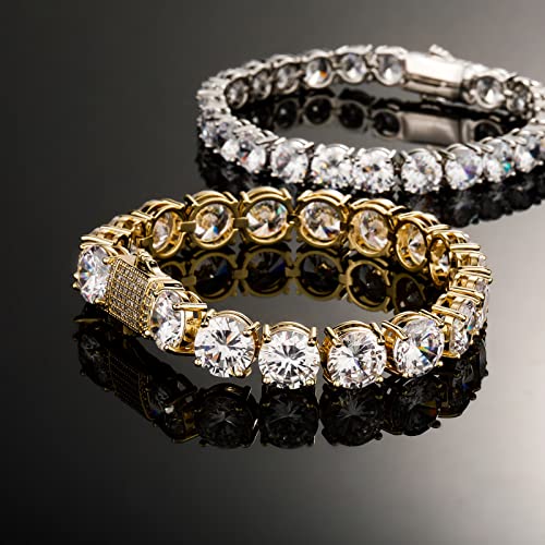 10MM Cubic Zirconia Tennis Bracelet 14K Gold Plated 5A+ Cubic Zirconia Iced Out Tennis Bracelet Spring buckle Bracelet For Men And Women - color: Gold, size: 8