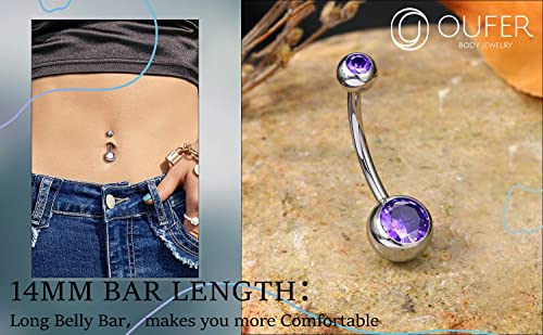 OUFER Titanium Belly Button Rings, Internally Threaded Belly Ring, Round CZ Navel Rings for Women Men - color: Purple, size: 1.6*14MM