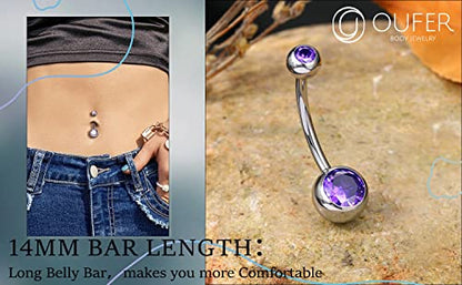 OUFER Titanium Belly Button Rings, Internally Threaded Belly Ring, Round CZ Navel Rings for Women Men - color: Purple, size: 1.6*14MM