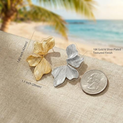 Chunky Gold Plated Flower Statement Drop Earrings for Women | Hypoallergenic 18K Gold Plated Textured Petal Wing, Large Statement Dangle Earrings for Wedding Party - color: Gold+Silver(2 pairs)