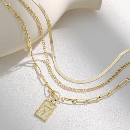 Evabelle Gold Layered Necklace for Women Trendy Jewelry 14K Real Gold Plated Chunky Chain Stackable Necklaces Dainty Choker Necklaces Rectangle Square Pendant - color: Gold Necklace 23