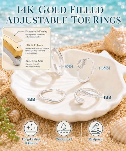 4Pcs Toe Rings for Women Non Tarnish 14K Gold Filled Toe Ring Adjustable Flower CZ Band Wave Dainty Toe Ring Summer Beach Open Toe Rings Set Waterproof Toe Jewelry Foot Jewelry - color: Silver toe rings wave
