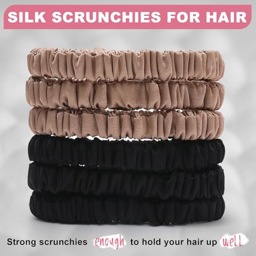 6Pcs Silk Hair Ties 100% Pure Mulberry Silk Scrunchies for Women Girls | No Hair Crease, Anti Frizz, Gentle Hold, No Damage, Color 02 - color: Black&Brown