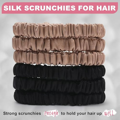 6Pcs Silk Hair Ties 100% Pure Mulberry Silk Scrunchies for Women Girls | No Hair Crease, Anti Frizz, Gentle Hold, No Damage, Color 02 - color: Black&Brown