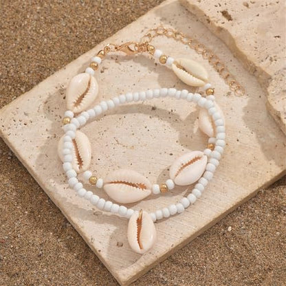 Shell Ankle Bracelet Set for Women,Boho Adjustable Beads Anklet Pack Natural White Shells Stack Stretch Seashell Pearl Starfish Bracelet Set Hawaiian Beach Vacation Foot Jewelry - style: N-Beads Shell