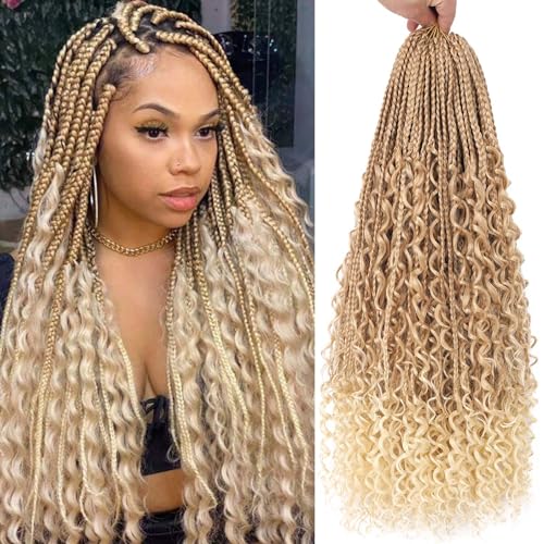 Unionbeauty 24 Inch Boho Box Braids Crochet Hair 8 Packs Goddess Box Braids Crochet Hair Curly Ends Bohemian Box Braids Crochet Hair for Black Woman Ombre Synthetic Braiding Hair Extension T27/613# - color: T27/613#, size: 24 Inch (Pack of 8)