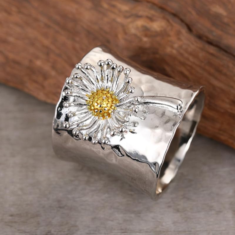 Simple Two Tone Dandelion Wide Bohemian Ring for Women Daily Party Vacation Fashion Jewelry - color: Silver & Gold