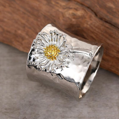 Simple Two Tone Dandelion Wide Bohemian Ring for Women Daily Party Vacation Fashion Jewelry - color: Silver & Gold