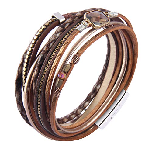 GelConnie Leather Wrap Bracelet Boho Cuff Bracelets Crystal Leather Bracelet Magnetic Multi Strand Bracelets Bohemian Bracelet Leather Wristbands Bangle Jewelry for Women Teen Wife Mother - color: Wrap leather bracelet
