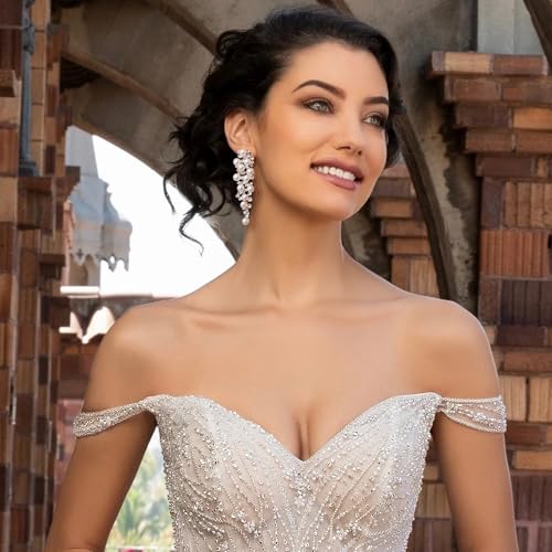 EleQueen Wedding Clip on Sparkle Simulated Pearl Rhinestone Crystal Chandelier Dangle Earrings for Bride Bridesmaid - color: Ivory Gold-Tone