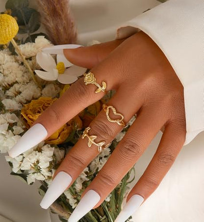 iF YOU 25 Pcs Gold Stackable Ring Set for Women, Chunky Knuckle Finger Midi Rings, Silver Simple Stacking Cute Rings Pack Trendy Stuff Jewelry Gift - style: 24 Gold leaf-size 6-9