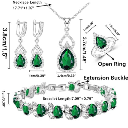 LMXXVJ Women Jewelry Set Platinum Plated Necklace Open Ring Earrings Bracelet Set,Birthday/Anniversary Mother’s Day Jewelry Gifts for Mom/Wife/Sister/Best Friend - color: Green