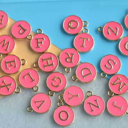 A-Z Letter Charms Round Enamel Alphabet Initial Pendant for Jewelry Making,Double-Side for Necklace Bracelet Earring DIY Craft - color: 1 set(26pcs)-Pink
