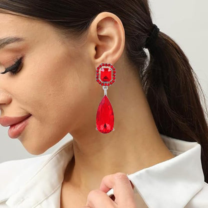 Gorgeous Long Austrian Crystal Teardrop Drop Dangle Clip On Earrings Non Pierced for Women - color: Red