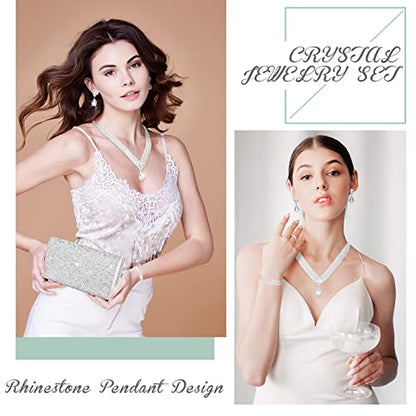 Mixweer 4 Pieces Clutch Purses Bag for Women Evening Rhinestone Jewelry Set Bling Necklace Earrings Bracelets Set for Wedding - style: Fresh Style