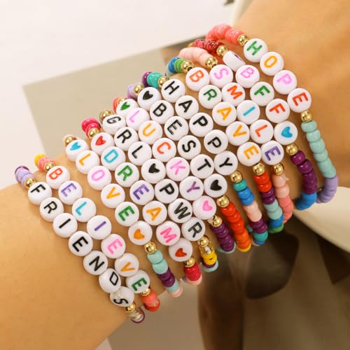 Heishi Surfer Clay Bead Bracelets Set for Women - Preppy Smile Evil Eye Beaded Stretch Bracelets Elastic Layering Friendship Bracelets- Stackable Boho Disc Summer Jewelry Set - color: BEAD 12pc -A
